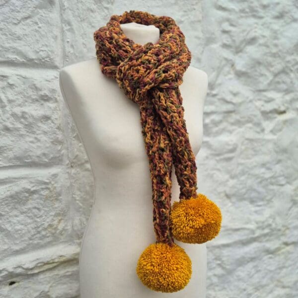 giant bobble crocheted scarf brown mustard