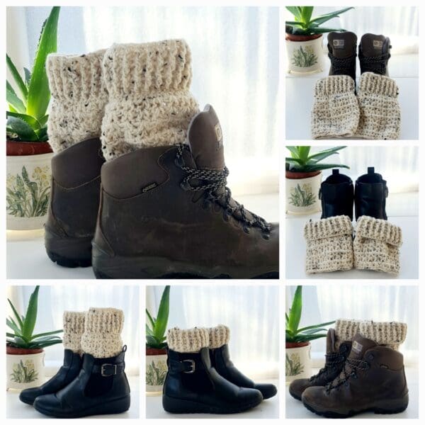 Six photo collage, showing Berber Boot Cuffs by Sarah Lou Crafts, shown in Brown Scarpa Hiking Boots and Black Ankle Boots.