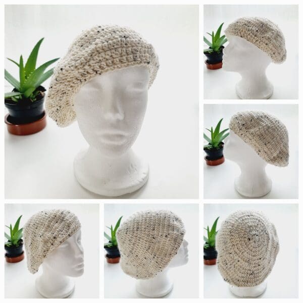 Six photo collage, showing various angles of the Berber cream winter beret hat by Sarah Lou Crafts.