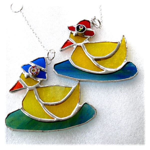 Yellow duckling red or blue hat stained glass suncatcher easter gift decoration