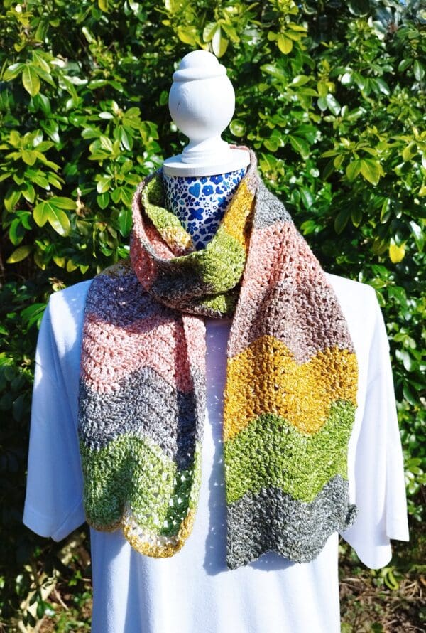 Wavy Crochet Scarf - pink, grey, green, gold. - Image 4