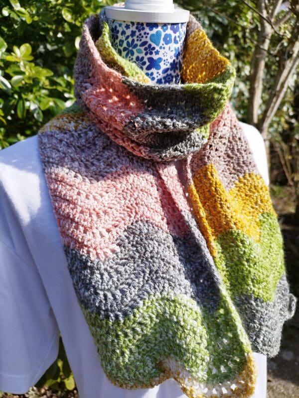 Wavy Crochet Scarf - pink, grey, green, gold.