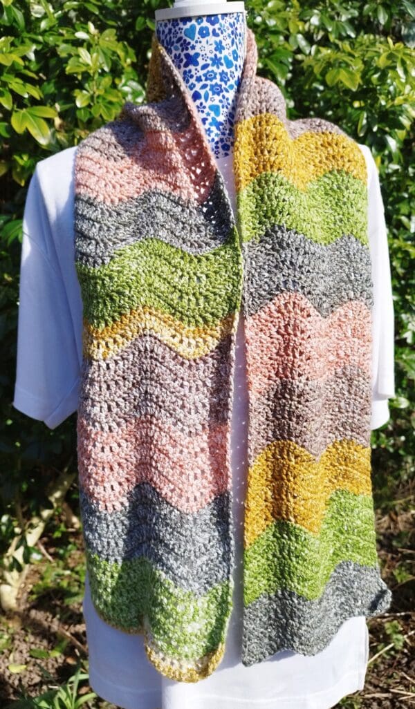 Wavy Crochet Scarf - pink, grey, green, gold. - Image 3