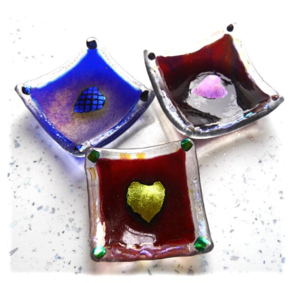 fused heart ring dishes plum cranberry glass