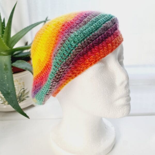 Crochet beret made by Sarah Lou Crafts using a rainbow DK yarn. Shown on white mannequin head with plant in back ground.