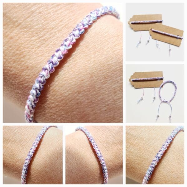 Six photo collage showing crochet cord bracelets in the twisted colours of the Transgender Pride Flag, made by Sarah Lou Crafts.