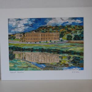Mounted print of textile art picture depicting Chatsworth House, its reflection in the river and the woodland behind the house. Front view.
