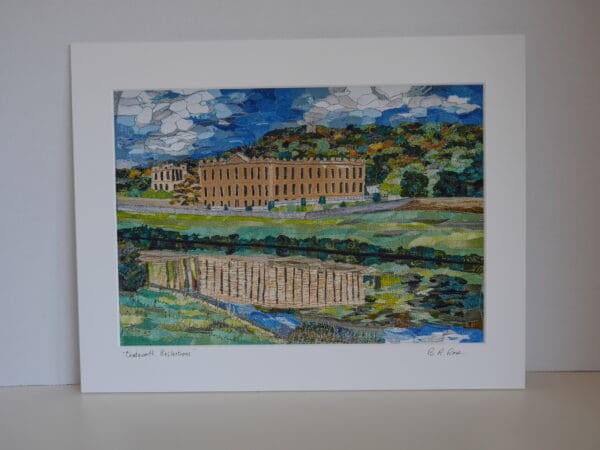 Mounted print of textile art picture depicting Chatsworth House, its reflection in the river and the woodland behind the house. Front view.