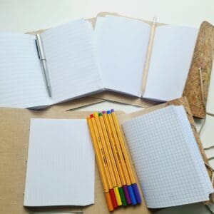 A flat lay showing four notebooks, one each with plain white, ruled lined, dot grid and squared paper choices, made by Sarah Lou Crafts.