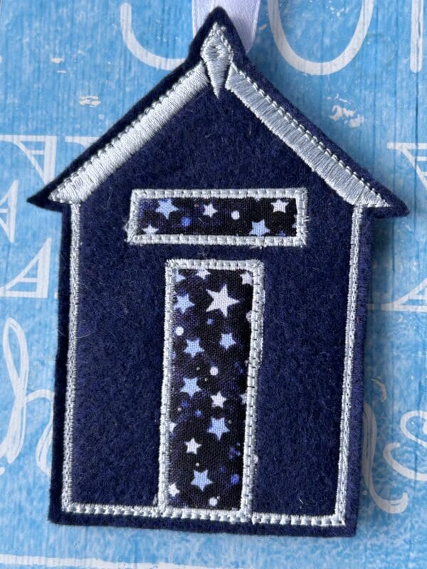 Beach hut embroidery hanging in dark blue and silver thread and white ribbon - Image 2