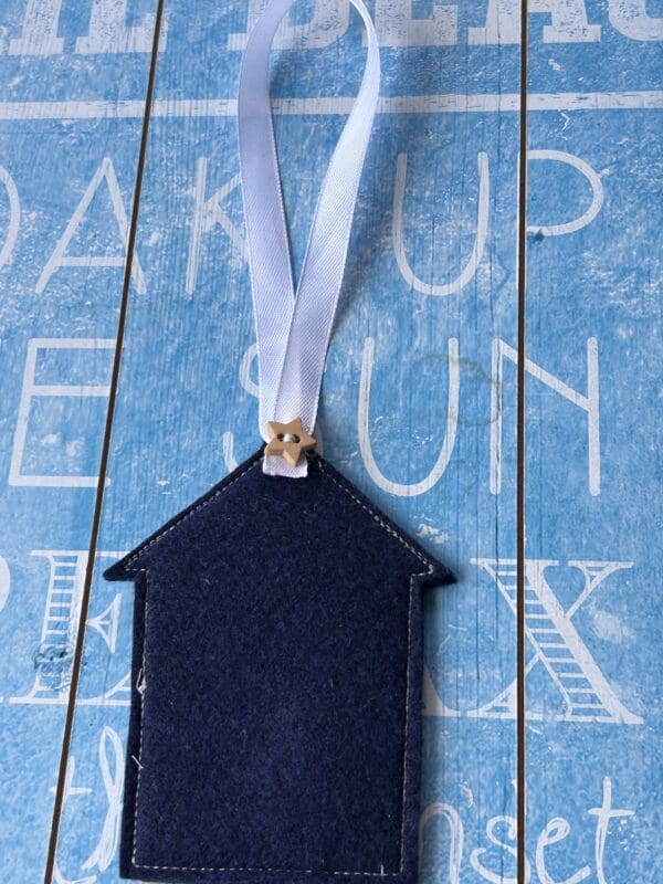 Beach hut embroidery hanging in dark blue and silver thread and white ribbon - Image 3