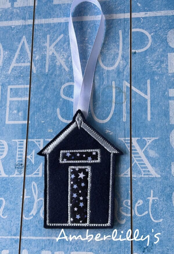 Beach hut embroidery hanging in dark blue and silver thread and white ribbon - Image 5