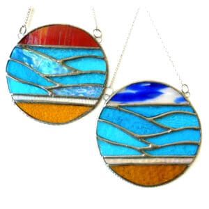 Sea Ring stained glass sunset or blue sky suncatcher handmade seaside waves