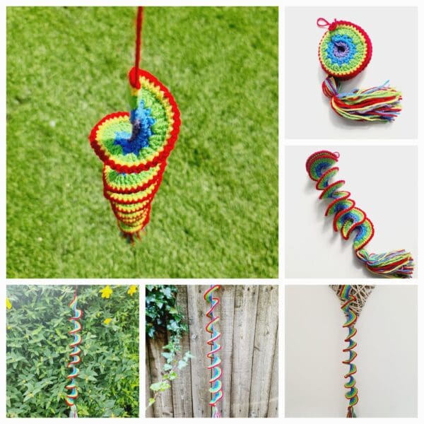Rainbow crochet wind spinner decoration made by Sarah Lou Crafts.