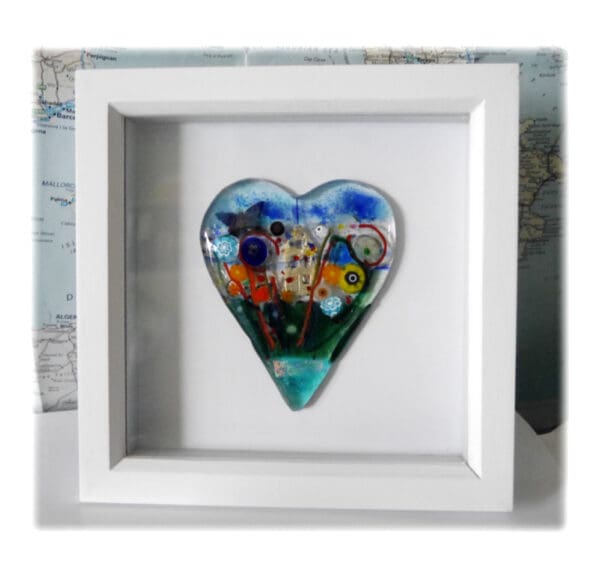 Fused glass heart garden picture handmade unique