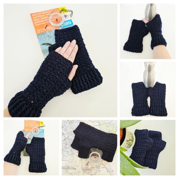 A collage of 6 photos showing the navy blue crochet fingerless mitts is laid out flat on a surface next to a compass and a water bottle. This flat lay provides a clear view of the complete mitts and the accompanying items, creating a clean, aesthetic composition.