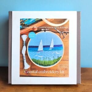 Coastal inspired embroidery kit suitable for beginners includes 6 inch hoop full instructions and printed fabric.