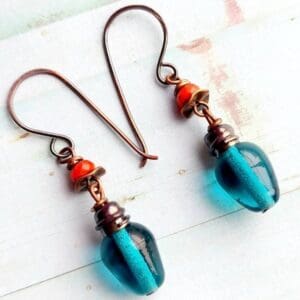 Christmas bulb earrings teal blue lampwork copper