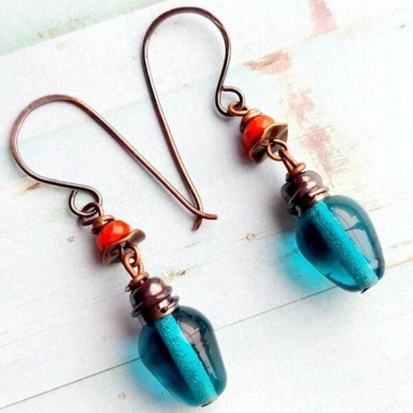 Christmas bulb earrings teal blue lampwork copper