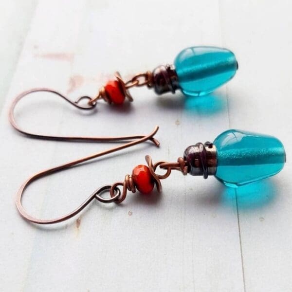 Christmas bulb earrings teal blue lampwork copper
