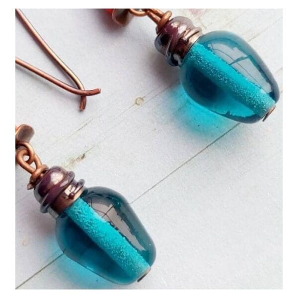 Christmas bulb earrings teal blue lampwork copper