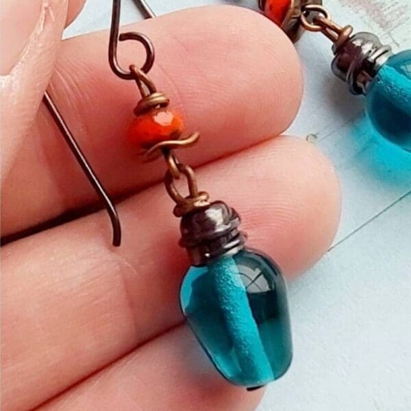 Christmas bulb earrings teal blue lampwork copper