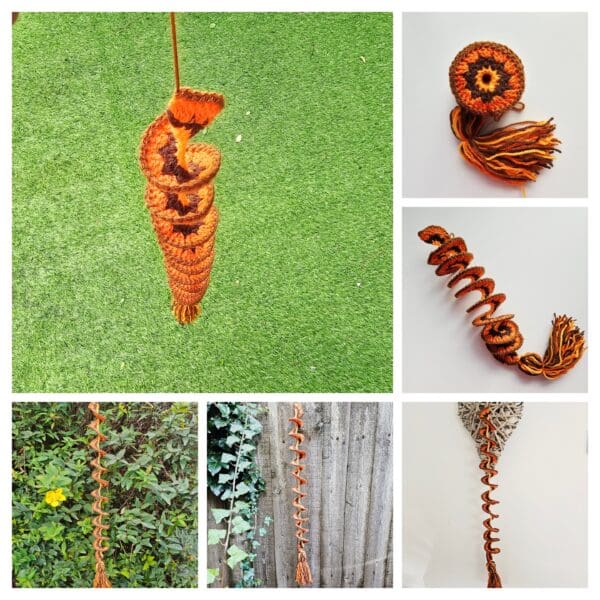 A six-photo collage shows a handmade crochet wind spinner in festive Halloween colours. The photos highlight the spinner from various angles, showcasing its intricate details. In one image, it's held by a hand, while another shot captures it hanging outdoors, gently spinning in the breeze. The vibrant orange and brown yarns are prominent throughout the collage.