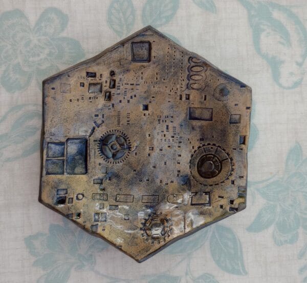 Steampunk ceramic trinket dish, Blue hexagonal ceramic bowl with MacBook circuit board pattern, Stoneware tray - Image 4