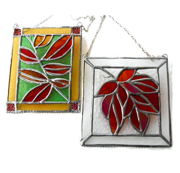 Leaf stained glass suncatcher autumn maple red handmade