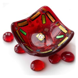 Deep red rich golden fused dish handmade dichroic one of a kind