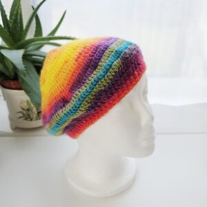 Crochet beret made by Sarah Lou Crafts using a rainbow DK yarn. Shown on white mannequin head with plant in back ground.