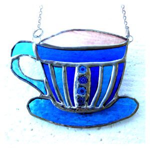 teacup stained glass suncatcher blue turquoise handmade