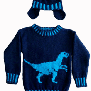 Knitting Pattern-Dinosaur Sweater and Hat, Velociraptor 4-13 years, Aran