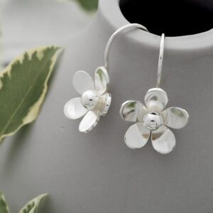 Handmade 14mm wide Argentium silver flower dangle earrings