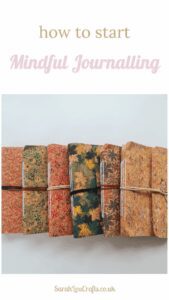 Pinterest Pin for Mindful Journalling blog post, showing a photo of 6 cork notebooks.