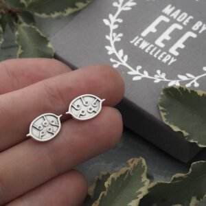 Handmade sterling silver honesty seed pod stud earrings with oxidised botanical detail